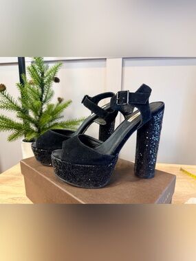 Black Glitter Shoes Peep Toe Chunky Heel Buckle Platform Sandals 7